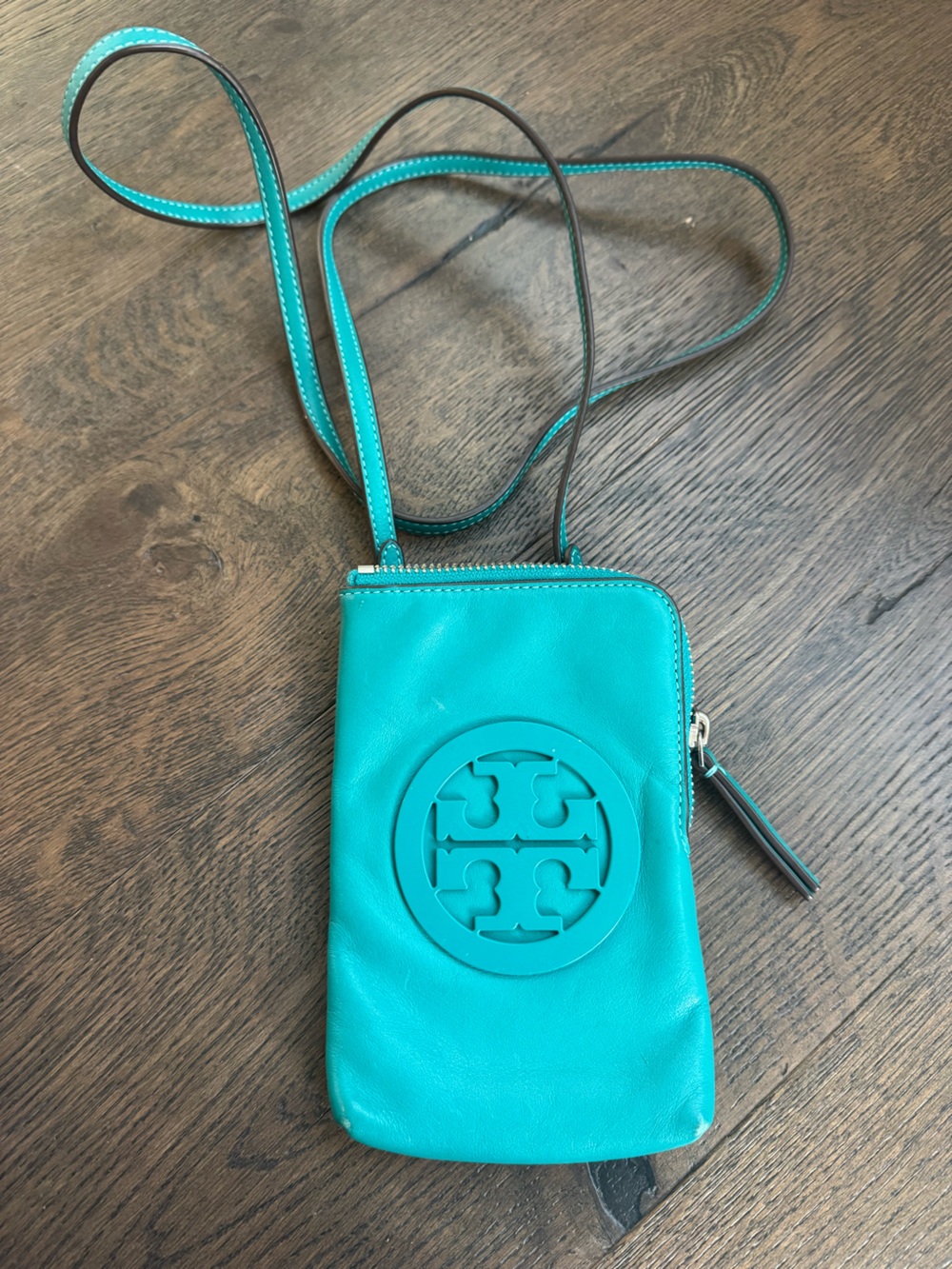 Tory Burch Teal Leather Logo Crossbody Wristlet